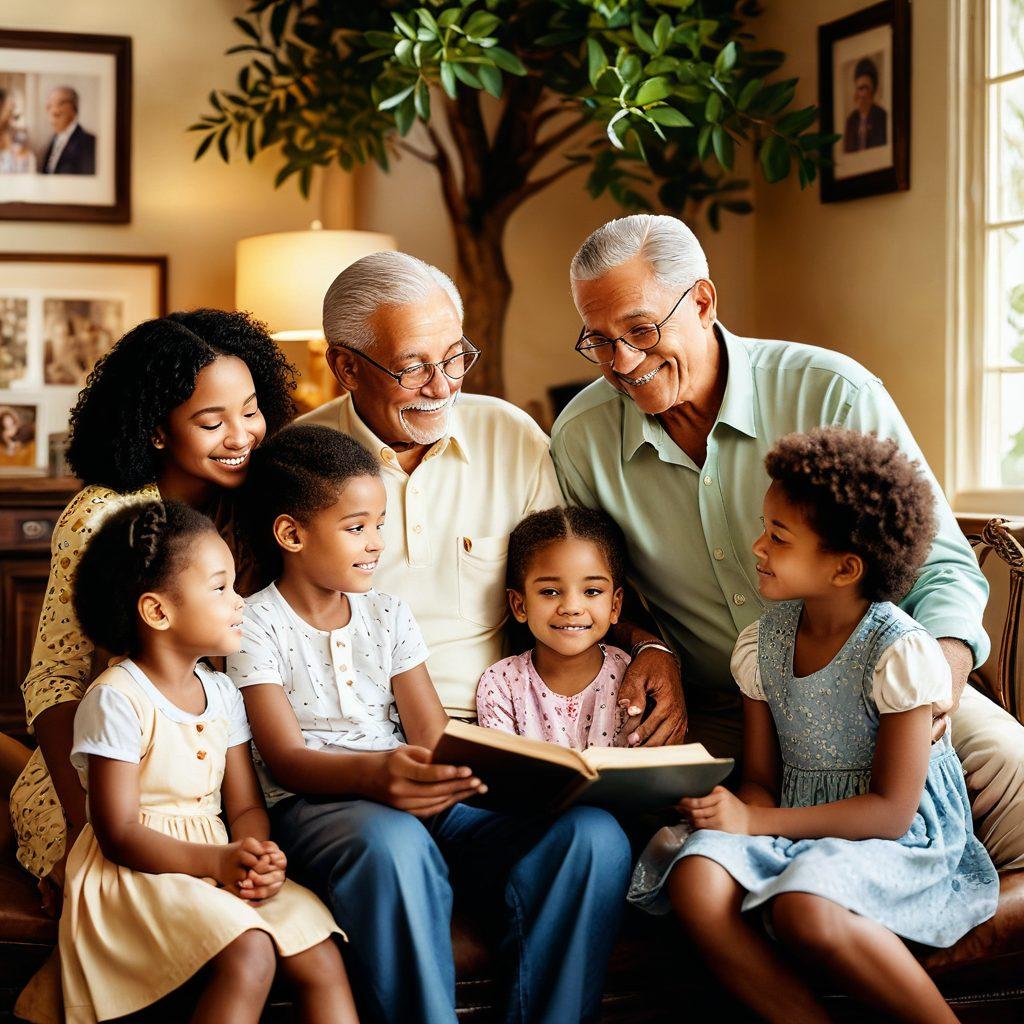 A warm family gathering depicting multiple generations, showcasing a grandfather sharing stories with young children, surrounded by family trees and ancestral photographs. Soft lighting creates an inviting atmosphere, symbolizing love and connection. Ethnic diversity among family members emphasizes kinship. super-realistic. vibrant colors. soft focus.