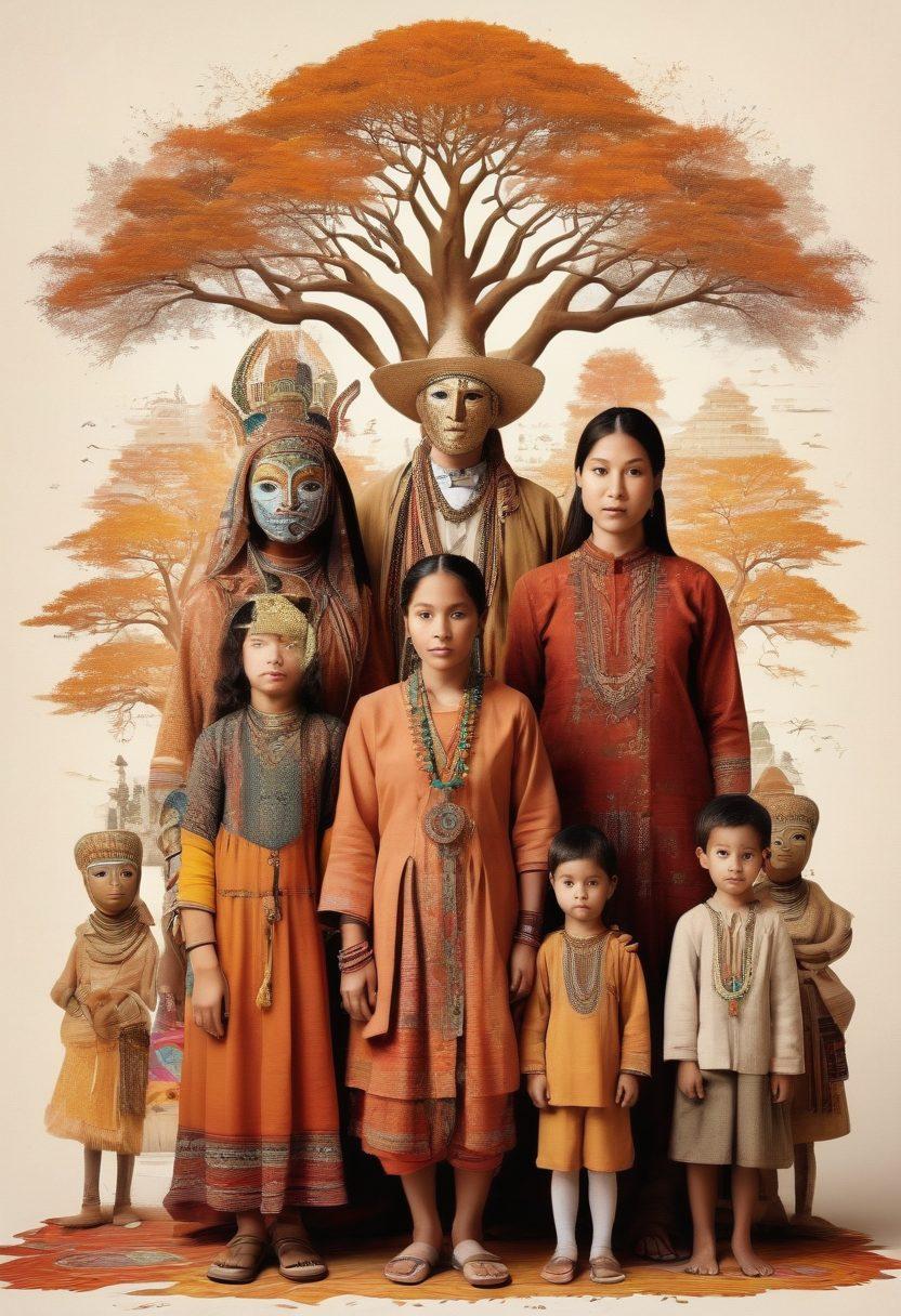 A collage of diverse family portraits spanning different cultures, connected by colorful dotted lines symbolizing heritage. Include elements like an ancient family tree, traditional artifacts from various ethnic backgrounds, and a vibrant map highlighting their origins. The backdrop is a soft blend of warm colors to evoke a sense of belonging and history. super-realistic. vibrant colors. white background.