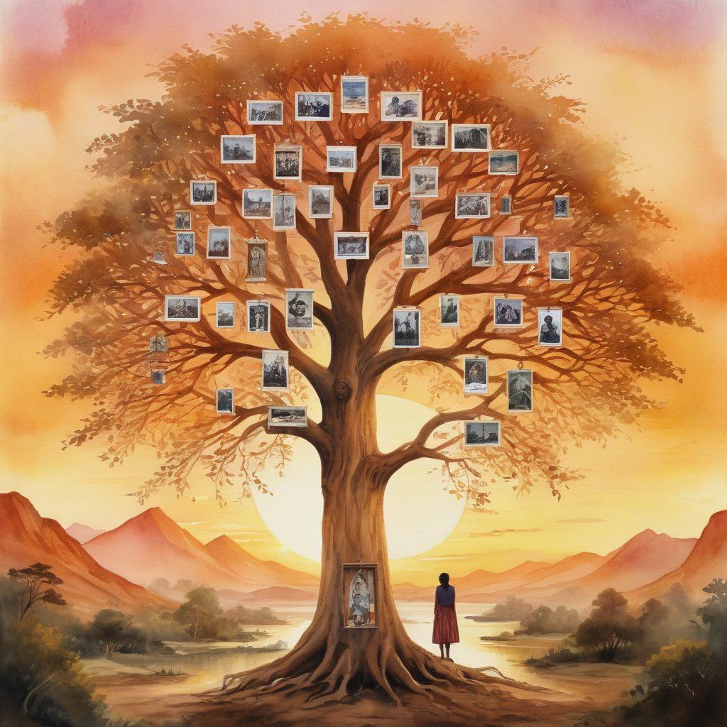 A heartfelt scene depicting a person surrounded by a family tree made of photographs and personal mementos, symbolizing a journey of discovery. In the background, a warm sunset casts golden light, enhancing the emotional connection. Include diverse images that represent different cultural heritages, subtly interwoven within the tree. Add a hint of nostalgia with vintage elements like faded postcards and letters. watercolor painting. warm color palette.